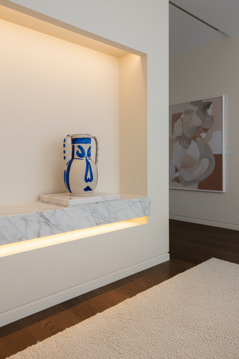 Picasso-Inspired Terracotta Vessel on Luxury Shelf